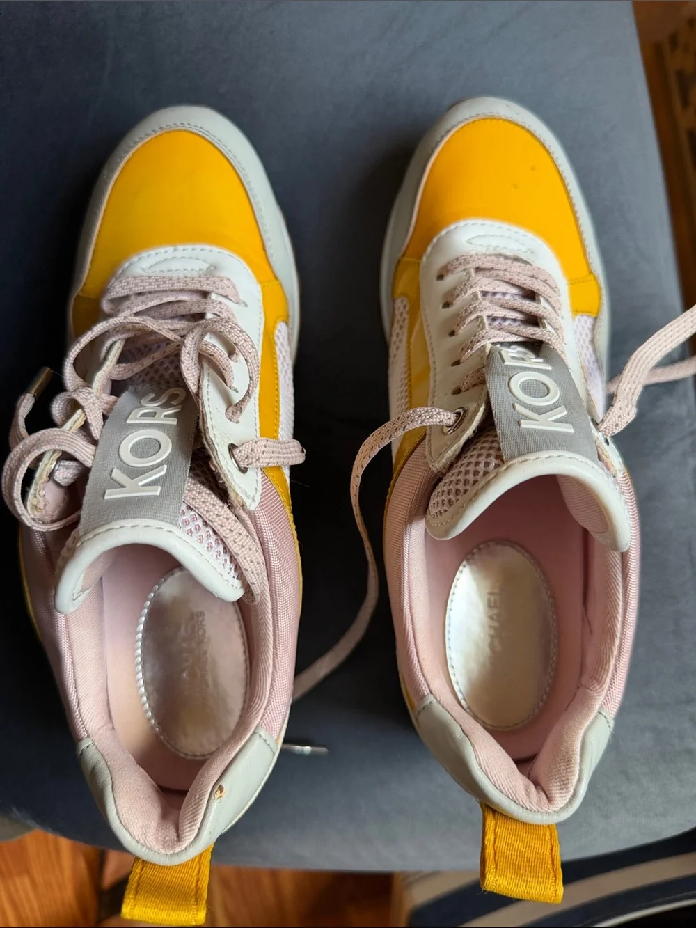 Michael Kors Yellow and Blush Pink Mixed-Media Sneakers 7.5